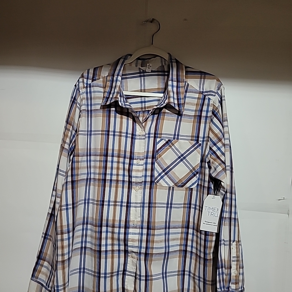 Time and Tru Men's Plaid Shirt - Blue and Brown